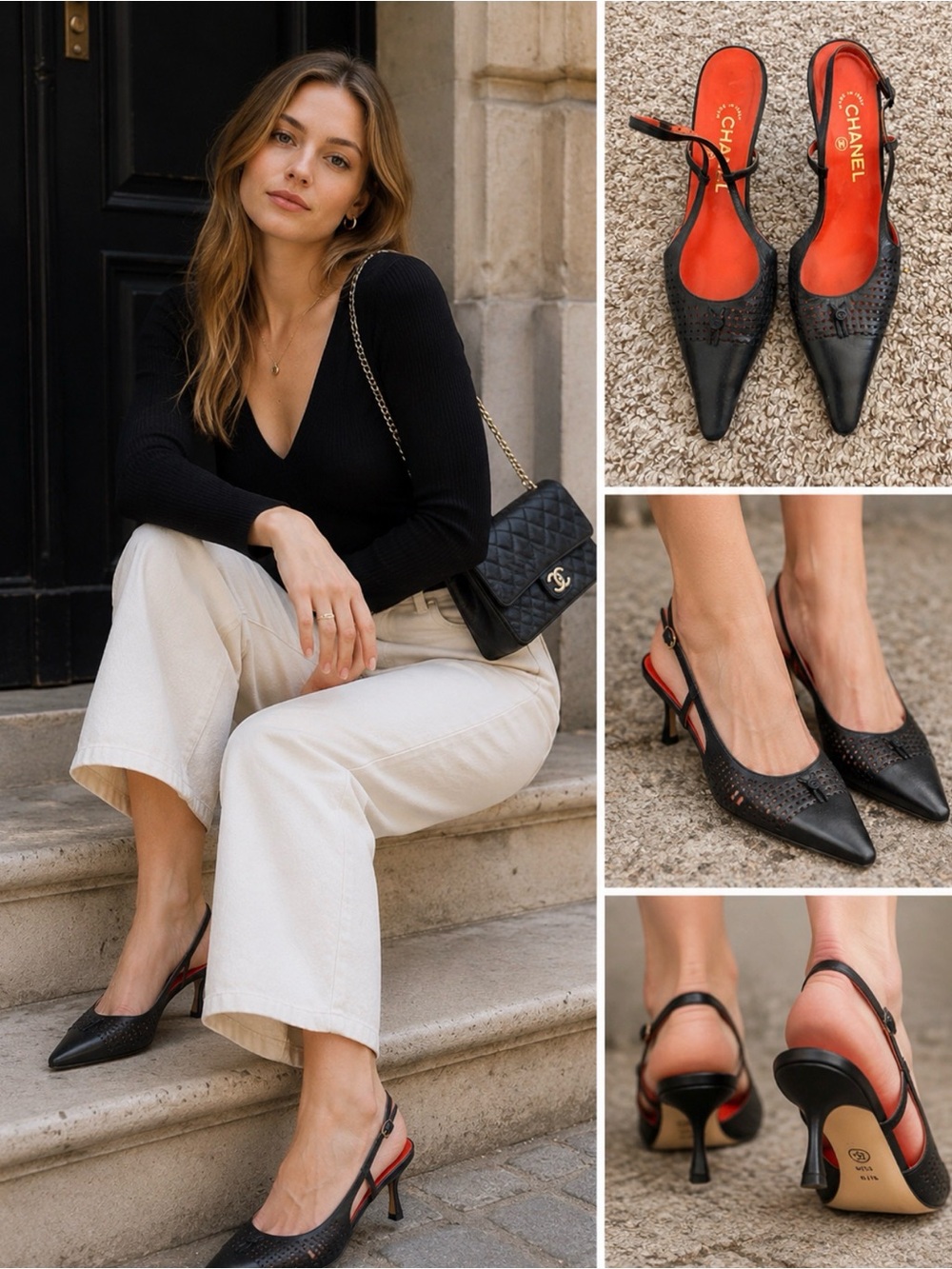 CHANEL Black Leather Perforated Slingback Pumps with Red Insole